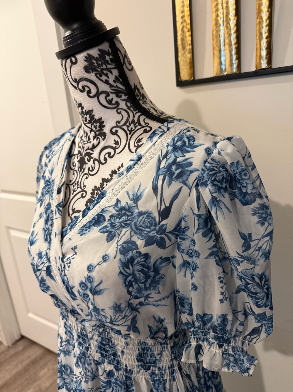Taylor Blue & Cream Floral Wrap-Style Midi Dress - Picture 2 of 10